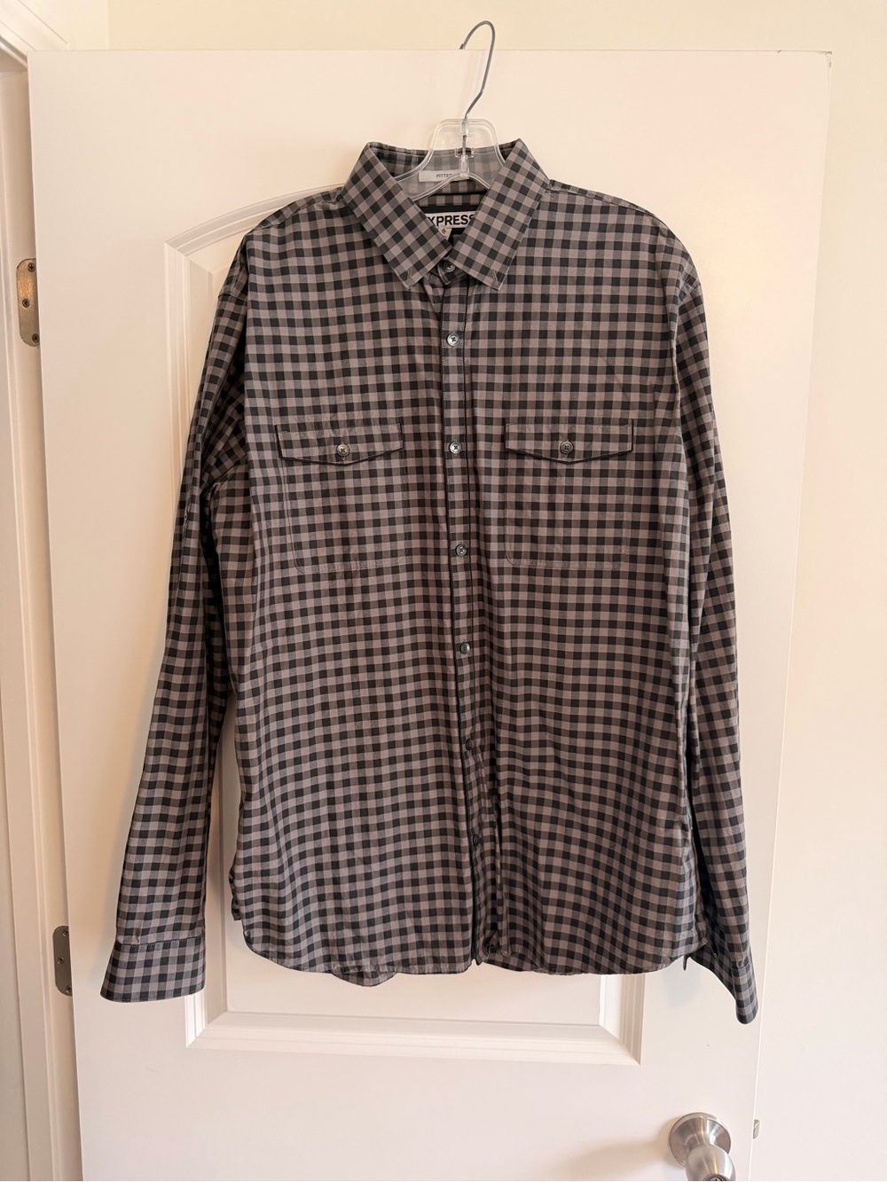 Express Men’s Black and Gray Check Long-Sleeve Button-Down Shirt
